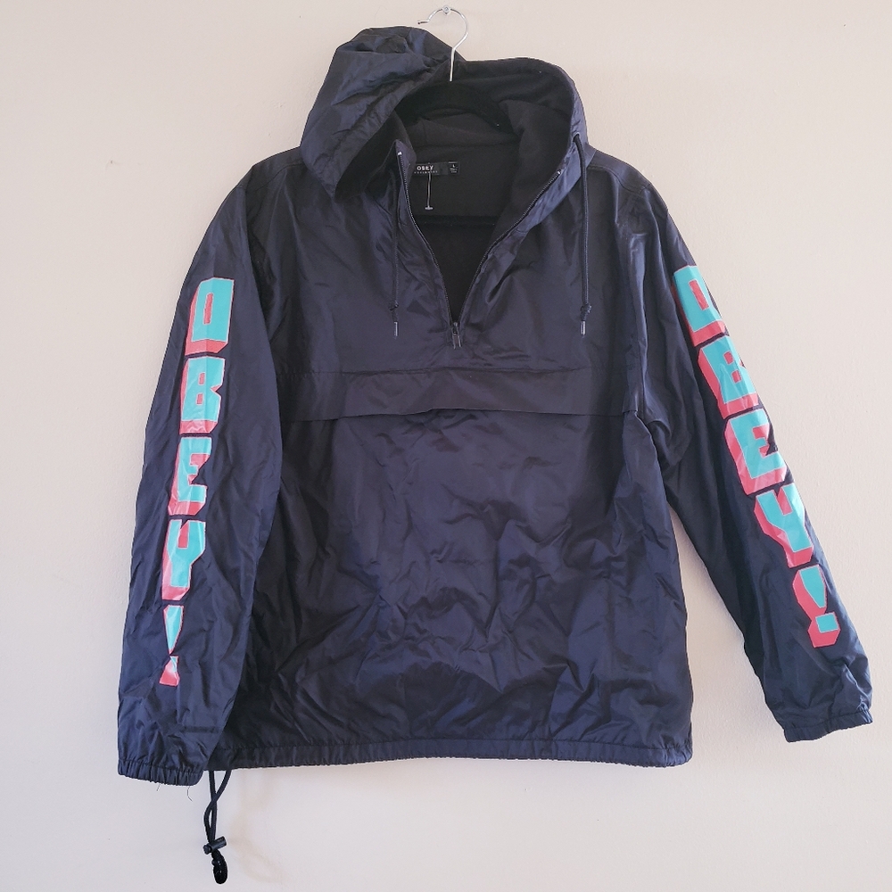 OBEY Fleece Lined Half Zip Rain Jacket - L